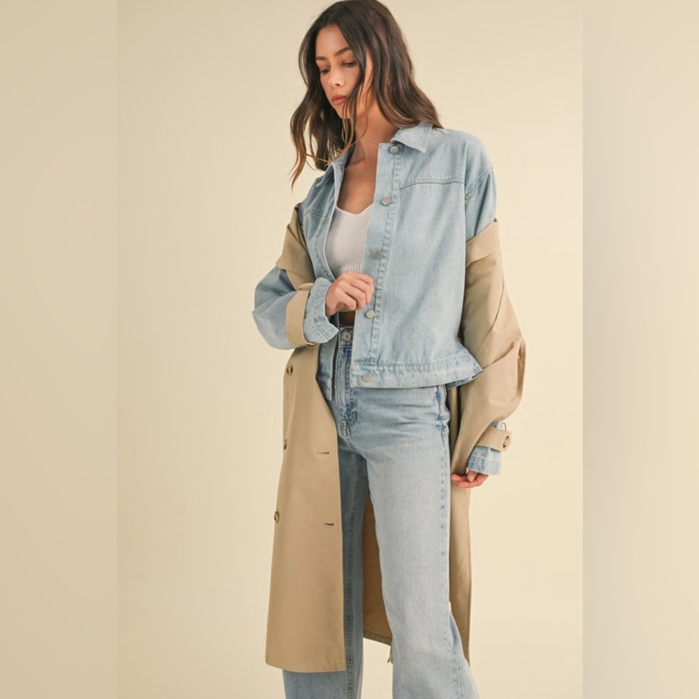 Layered Trench Coat with Denim Jacket Size M Tan Blue Outerwear Classic Neutral - Picture 10 of 12